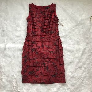 R & M Richards Black Red Rose Print Tiered Dress